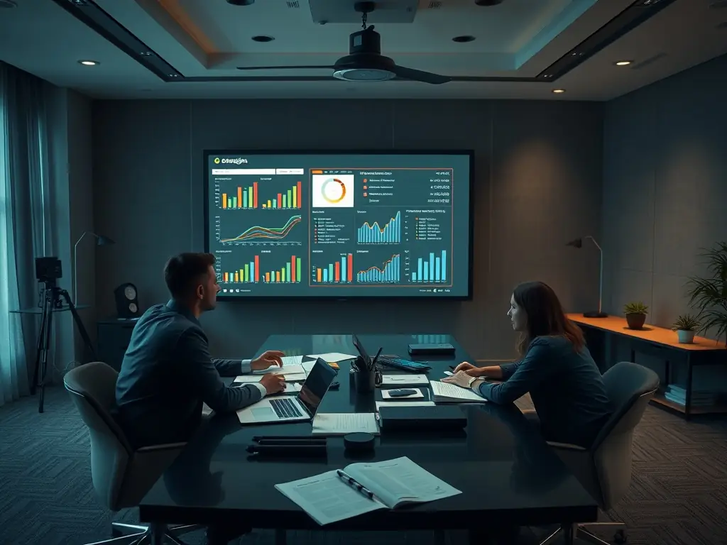 Imagen de un equipo analizando gráficos y campañas digitales en una sala de reuniones, mostrando colaboración y enfoque en resultados medibles.