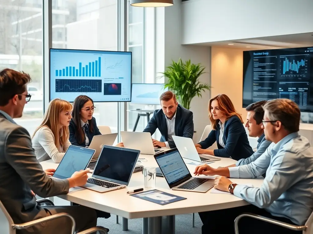 An image depicting a digital marketing strategy session, with charts, graphs, and data visualizations illustrating the planning and execution of a successful marketing campaign, highlighting the use of AI for data analysis and automation.