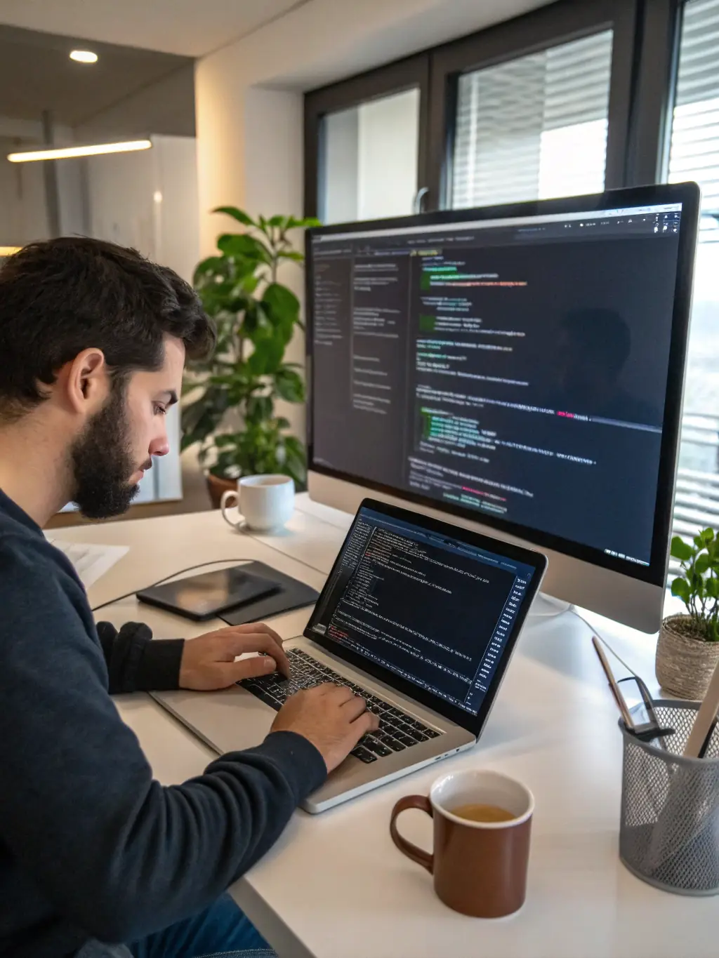 An image showing a software development interface with lines of code and visual programming blocks, representing the creation of custom SaaS and software solutions.