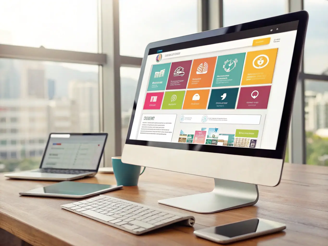 A vibrant image showcasing a modern website design interface with various elements like code snippets, drag-and-drop components, and responsive layouts, emphasizing the ease and speed of website creation with low-code AI tools.
